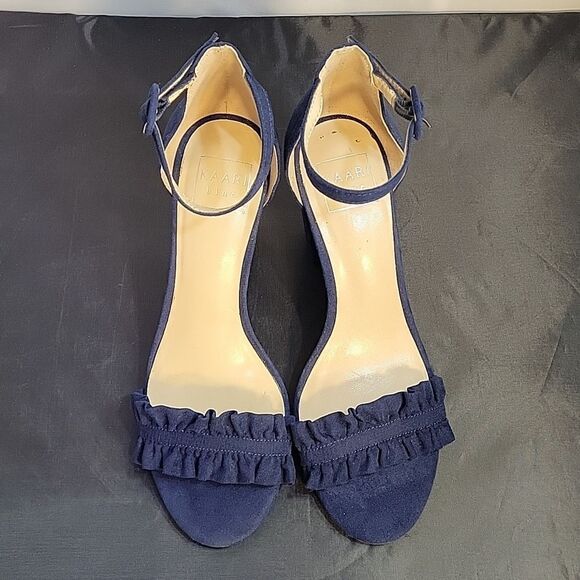 KAARI BLUE RUFFLE BLOCK HEEL OPEN TOE ADJUSTABLE BUCKLE ANKLE STRAP SANDAL - Picture 2 of 16